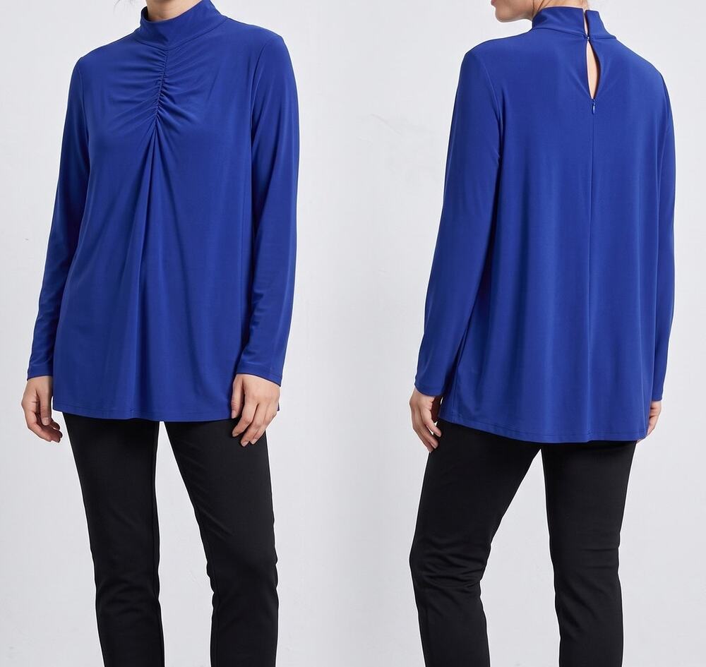 Susan Graver 3X Top Liquid Knit with Ruching Back Zip Mock Neck Blue